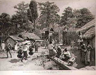 De Birma Expeditie: Zuidpoort van Bhamo met de Palissade, Uitkijkhut en Wachthuis, uit The Illustrated London News, 3 juni 1886